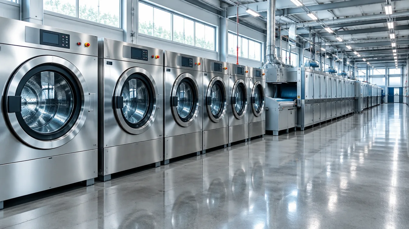 Reihe von Industriewaschmaschinen im Waschbetrieb