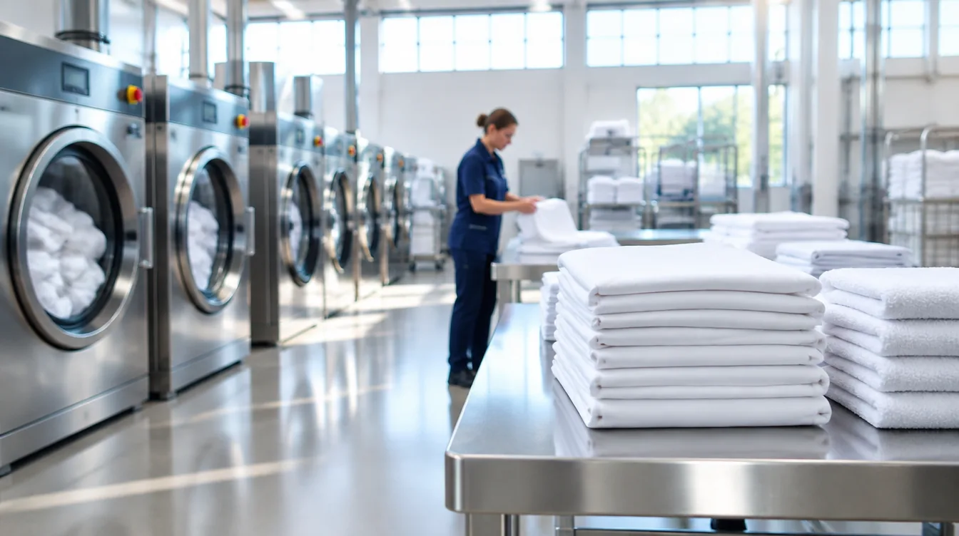 Waschbetrieb der MiKo Großwäscherei in Denkendorf mit Industriewaschmaschinen und gestapelter frischer Hotelwäsche